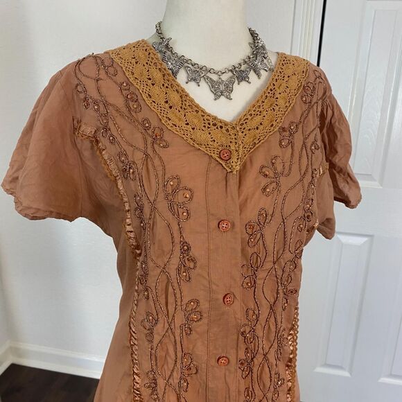 Orange Tan Vintage Boho Embroidered Babydoll Blouse Top M - Picture 2 of 8